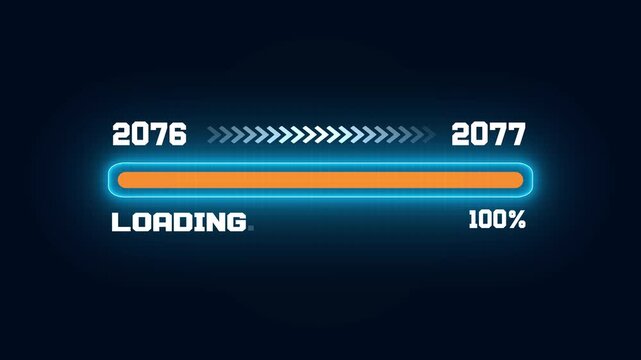 New year transition from 2076 to 2077 with glowing loading bar, minimalist data processing interface on dark background