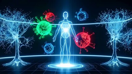 holographic human between glowing neural trees and floating virus models, immune response animation, protective barrier visuals and clinical research mood for immunology communication