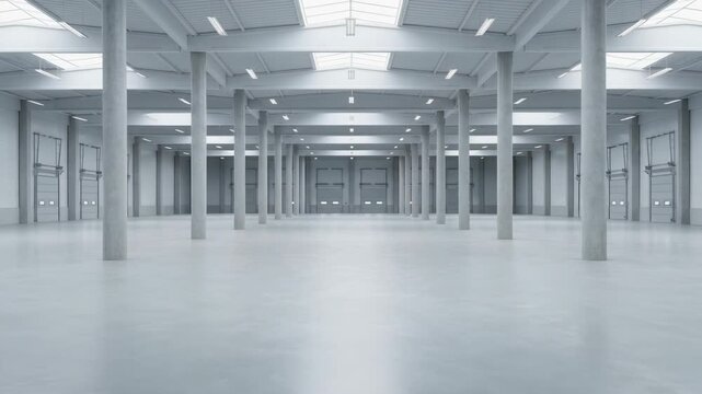 Spacious and Modern Industrial Warehouse Interior with Natural Light and Concrete Columns