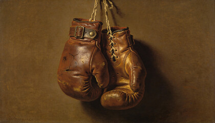 Vintage brown boxing gloves hanging from ropes