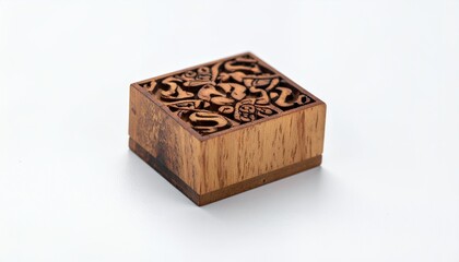Wooden box with intricate design on a white background.