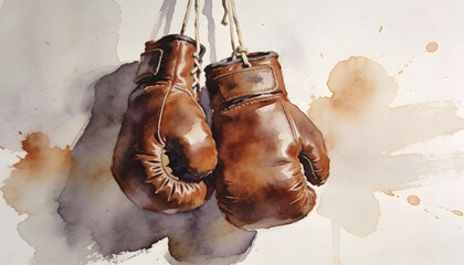 Vintage brown leather boxing gloves hanging from strings