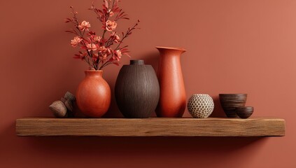 Earthy toned vases and decorative objects on a wooden shelf