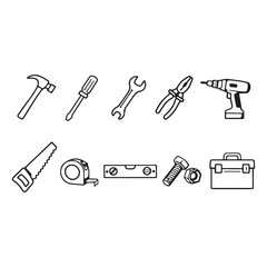 Fototapeta premium Various construction and repair hardware tools outline icons collection