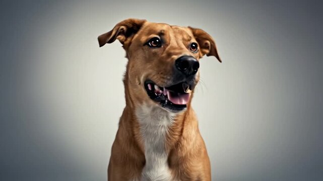 Happy brown mixed breed dog with open mouth and expressive eyes panting in a bright studio against a gray background