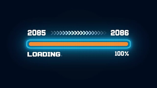 New year transition from 2085 to 2086 with glowing loading bar, technical data processing animation for future concepts