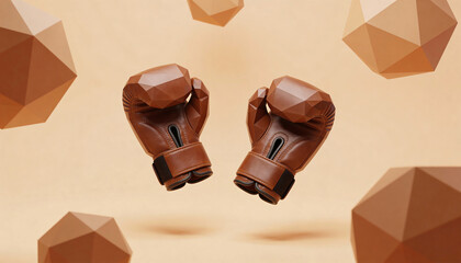 Brown boxing gloves floating amidst geometric shapes background