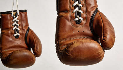 Vintage brown leather boxing gloves hanging on white background