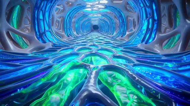 Jejunum. Bio-optimized nutrient flow, glossy tubular conduit and lumen textures highlighting vascular circulation microfluidic simulation for biotech engineer, visual demo for clinical