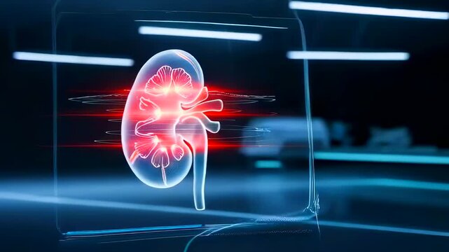 Kidney hologram highlighting inflamed cortex with red glow and ureter outline, rotating scan reveals glomerulus region and pain indicator suited for nephrology diagnosis and patient