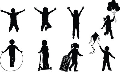 Obraz premium Happy diverse children silhouettes playing jumping skipping rope riding scooter and flying kite isolated on white background for childhood and summer vacation concepts.