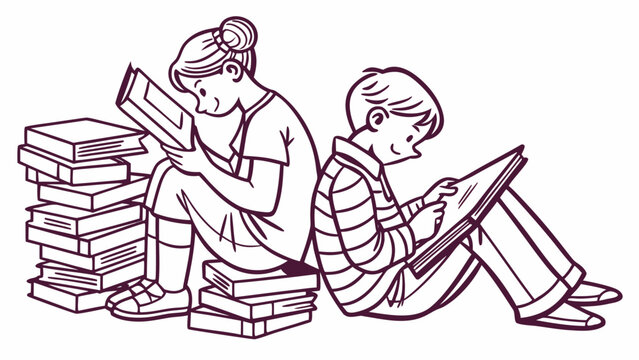 Children engrossed in reading books together quietly