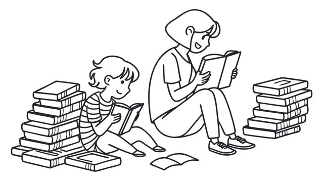 Happy children reading books together in a cozy setting