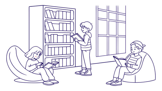 Children reading books in a cozy library setting together