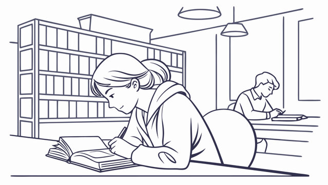 Woman studying intently at desk in modern library with books