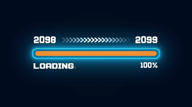 Modern progress bar animation from year 2098 to 2099, futuristic loading status interface with percentage and film frame