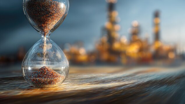Hourglass with industrial background, symbolizing time running out