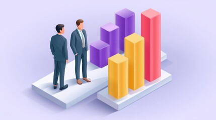 Professional Businessmen Analyzing Growth Chart with Colorful Bar Graphs Representing Market Trends and Performance in a Modern Office Environment