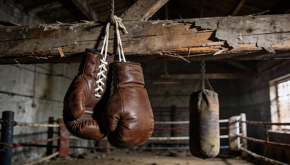 Vintage brown boxing gloves hanging in rustic gym
