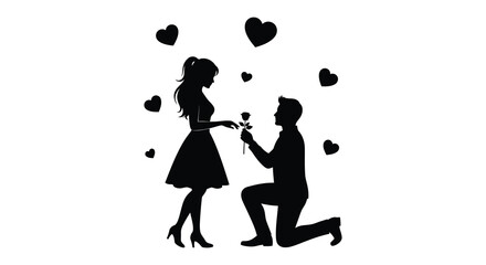 Obraz premium A romantic proposal scene featuring a kneeling man offering a rose to a woman a black silhouette