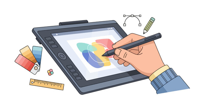 Creative digital artist's hand drawing a colorful abstract design on a graphics tablet.