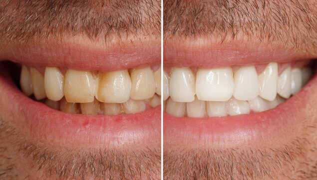 Split image showing before and after teeth whitening results