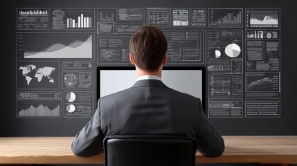 Businessman Analyzing Data Visualizations and Graphs on Computer Display in Modern Office Setting with Charts and Infographics on Wall