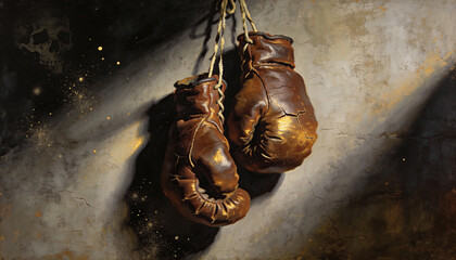 Vintage brown boxing gloves hanging on a rope against a dramatic background