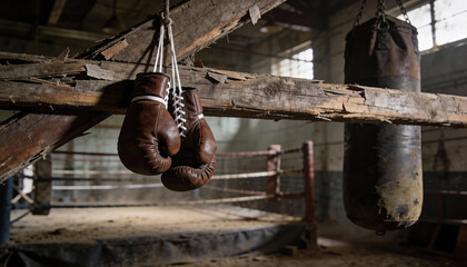 Vintage boxing gloves hanging in a rustic gym with punching bag