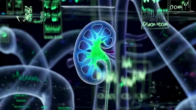 Kidney model with tubular structures and green filtration map overlaid with data streams, neon circuitstyle visualization for renal physiology research and analytics demonstration.