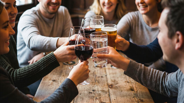 Celebration event with friends cozy pub group cheers warm environment close-up view friendship concept
