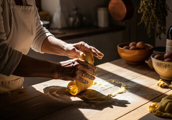 Elderly woman hands kneading fresh pasta dough on rustic wooden table authentic italian kitchen.