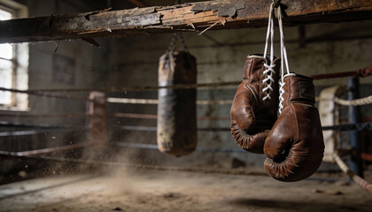 Vintage brown boxing gloves hanging in a rustic gym