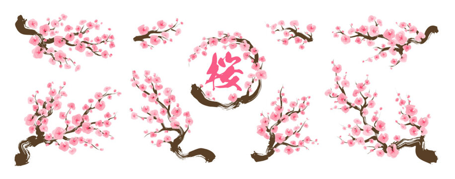 筆タッチの桜枝の花 和風ベクターイラストセット｜Cherry Blossom Brush Style Vector Illustration Set