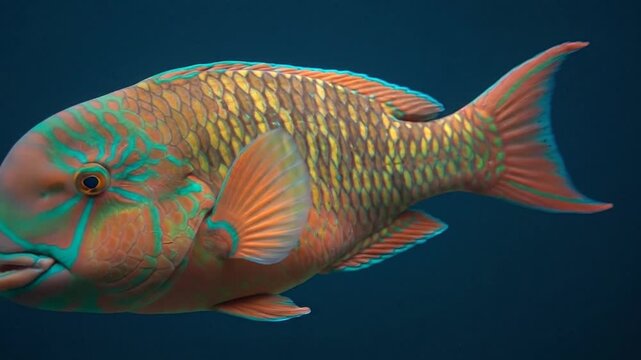 Close up of a vibrant colorful parrotfish with beautiful scales swimming in clear blue ocean water.