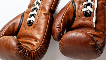 Vintage brown leather boxing gloves with white laces on plain background