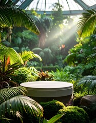 Lush greenhouse scene with a white podium, bright light, and greenery