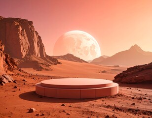 Desert landscape with a circular stage under a pale, planetary sky