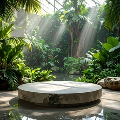 Sunlit, lush green botanical garden with a circular stage or platform