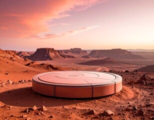 A metallic platform sits on a barren, reddish planet landscape