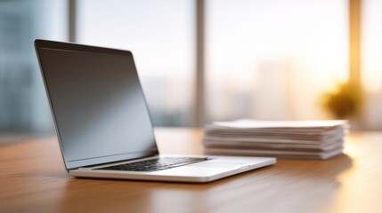 Fototapeta premium Modern workspace featuring a sleek laptop on a wooden desk with a stack of papers and gentle sunlight illuminating the room for an inspiring atmosphere