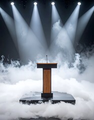 Wooden podium spotlighted in a smoky atmosphere, ready for a speech