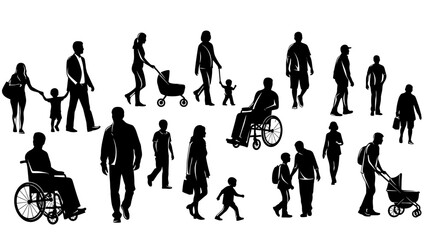 Fototapeta premium A diverse collection of black silhouettes representing people of various ages, abilities, and activities, including families with strollers and individuals in wheelchairs.