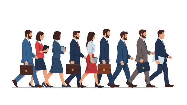A diverse group of business professionals, men and women, walk in a line carrying briefcases and folders.