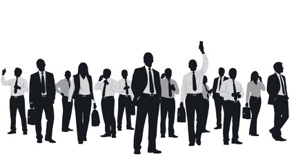 A diverse group of business professionals in silhouette, some raising their hands in a meeting or conference.