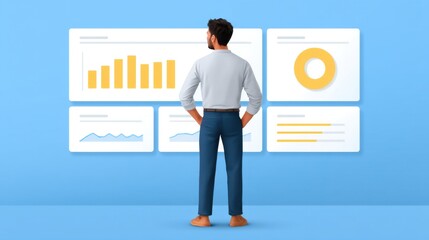 Man Analyzing Digital Data Charts and Graphs on Blue Background for Business Insights and Decision Making in Modern Office Environment