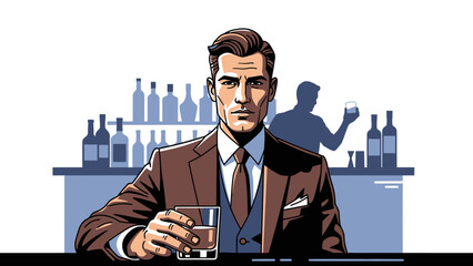 A sophisticated man in a suit sits at a bar, holding a glass of whiskey, with a bartender in the background.