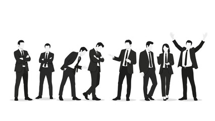 A series of business people in suits showing different poses and stages of interaction.