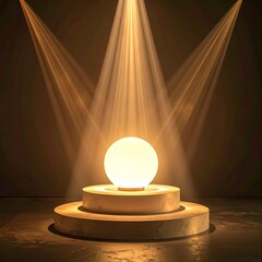 Illuminated orb on a stage, lit by spotlights