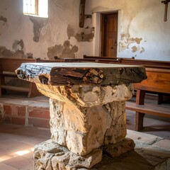 Stone and wood structure inside a building, with window and wooden door